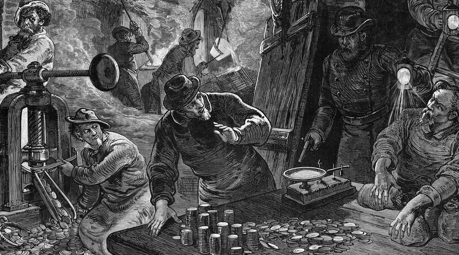 Artist rendition of a historical Secret Service counterfeit coin raid in 1875.