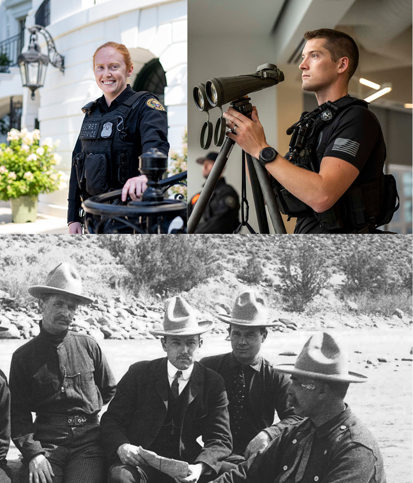 Collage of three images: one with a Special Agent standing in front of the White House, one with an officer looking through binoculars, and one with a historical photo of four Secret Service agents in hats.