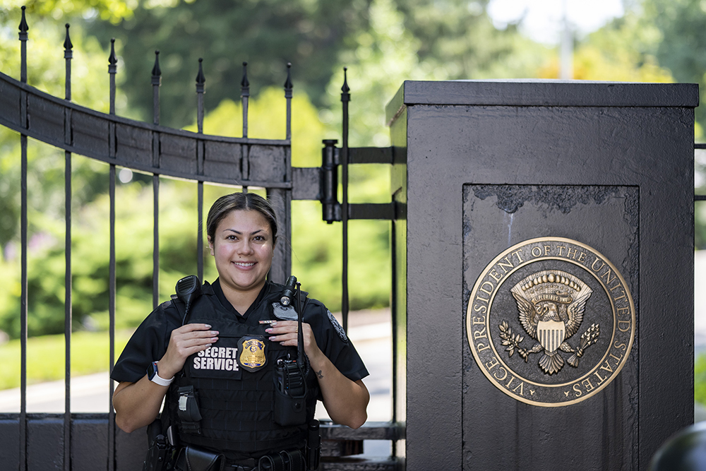 Uniformed Division Officer stands outside the gate to the Vice President’s Residence. 