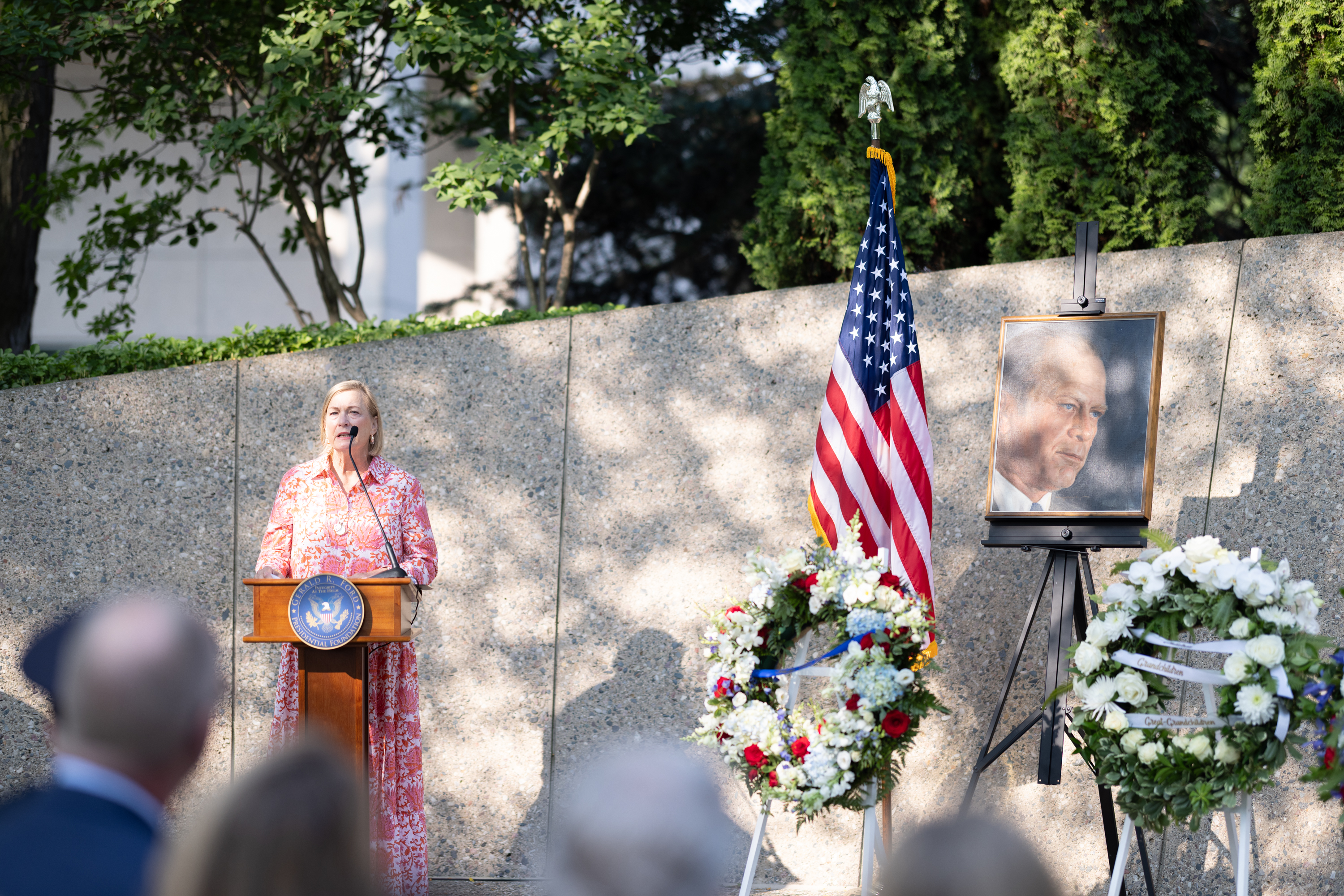 Susan Ford Bales, daughter of late President Gerald Ford, speaks at during the annual wreath-laying event honoring her father's 112th birthday.