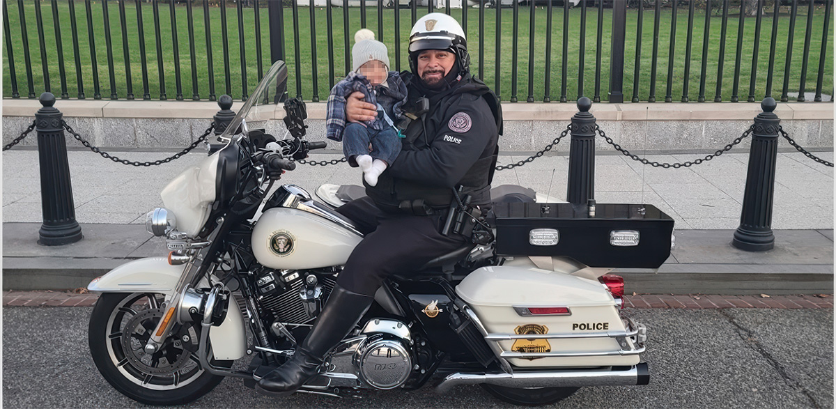Officer Technician Joseph Vadala recreates the treasured photo with Officer Irina Lopez's baby.