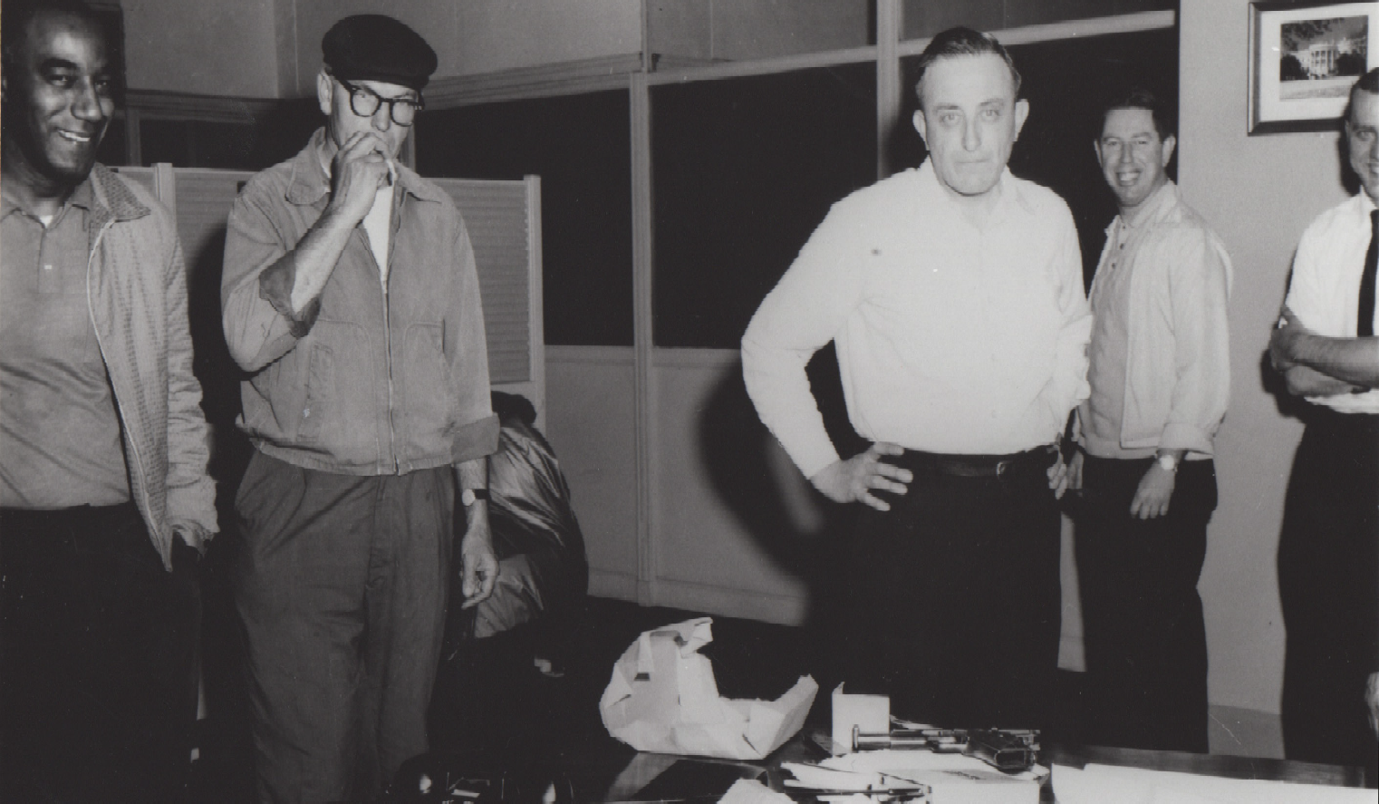 From L to R: Charles Gittens, Casey Szpak, Carmine Motto, Paul Scanlon and Harris Martin are pictured in the New York Field Office following a successful counterfeit investigation, one of their many successful investigations in the1960s.