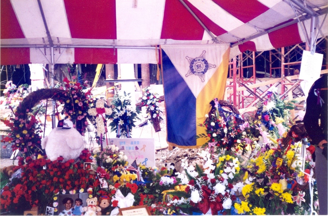 A memorial tribute at the site of the Alfred P. Murrah Federal Building, April 1995.