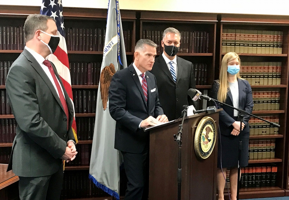 Southern District of Georgia U.S. Attorney Bobby L. Christine announces indictments in COVID-19 disaster relief fraud Thursday, Nov. 12, 2020, accompanied by (from left) Sean Sojack, Special Agent, U.S. Secret Service; John Melvin, Assistant Director, Georgia Bureau of Investigation; and Jennifer Stanley, Assistant U.S. Attorney for the Southern District of Georgia.