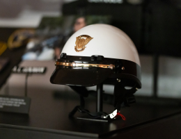 A Motorcade Support Unit helmet is one of the many items on display at the Harley-Davidson Museum exhibit on the Secret Service Motorcade Support Unit. The exhibit will run for three years.