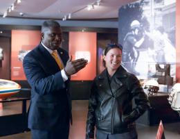 Uniformed Division Chief Richard Macauley and Officer Lauren Gunawan were present for the opening of the Secret Service exhibit at the Harley-Davidson Museum.