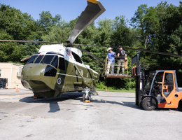 The recently decommissioned VH-3D is set up at the Rowley Training Center to provide trainees with a realistic environment that mirrors the layout of Marine One.