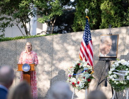 Susan Ford Bales, daughter of late President Gerald Ford, speaks at during the annual wreath-laying event honoring her father's 112th birthday.