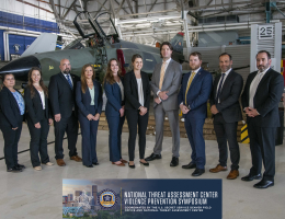 (From Left to Right:) Arlene Macias, Domestic Security Strategist; Ashley Smolinski, Supervisory Social Science Research Specialist; Joe Biesk, Publica Affairs Specialist; Dr. Lina Alathari, Chief of National Threat Assessment Center; Courtney Tassin, Domestic Security Strategist; Alexandra Babij, Social Science Research Specialist; Daniel MacDougall, U.S. Secret Service Senior Special Agent; Kevin Maass, Social Science Research Specialist; Glen Ballard, U.S. Secret Service Special Agent; Peter Angelone; Sp